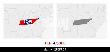 Zwei Versionen der Karte des US-Bundesstaates Tennessee, mit der Flagge von Tennessee und dunkelgrau hervorgehoben. Vektorkarte. Stock Vektor