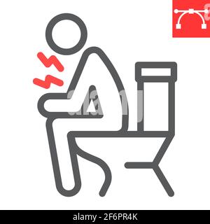 Diarrhöe-Liniensymbol, covid-19 und Verstopfung, Mann auf Toilette sitzend Vektor-Symbol, Vektorgrafiken, editierbare Strichumrisszeichen, eps 10. Stock Vektor