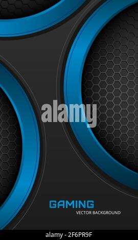 Futuristischer abstrakter grauer und blauer vertikaler Vektor-Hintergrund mit sechseckigen Kohlefaser-Wabenraster und blauen Kreisen. Vertikales Banner für sportliche Spiele. Stock Vektor
