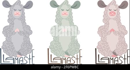 Llamaste. Set von niedlichen Locken Lamas meditiert in der Lotus-Position. Illustration mit Schriftzug für Malvorlagen, Kinder- und Erwachsenendrucke, Baby sh Stock Vektor