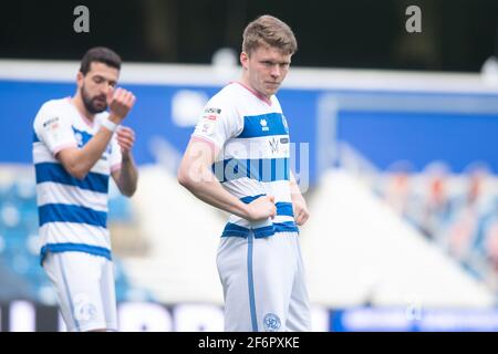 London, Großbritannien. April 2021. Rob Dickie von den Queens Park Rangers während des EFL Sky Bet Championship-Spiels zwischen den Queens Park Rangers und Coventry City im Kiyan Prince Foundation Stadium, London, England, am 2. April 2021. Foto von Salvio Calabrese. Nur zur redaktionellen Verwendung, Lizenz für kommerzielle Nutzung erforderlich. Keine Verwendung bei Wetten, Spielen oder Veröffentlichungen einzelner Clubs/Vereine/Spieler. Kredit: UK Sports Pics Ltd/Alamy Live Nachrichten Stockfoto