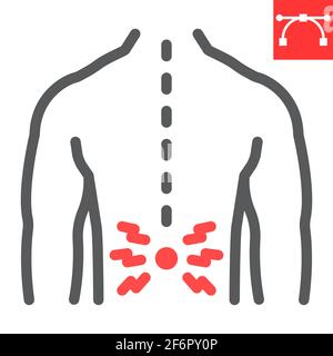 Symbol für Rückenschmerzen, Rückenschmerzen und menschlichen Rücken, Vektorsymbol für Rückenschmerzen, Vektorgrafiken, bearbeitbares Konturumrisszeichen, Folge 10. Stock Vektor