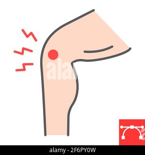 Symbol für die Knieschmerzen-Farblinie, Osteoporose und Arthritis, Vektorsymbol für Gelenkschmerzen, Vektorgrafiken, bearbeitbares, mit Schlaganfall gefülltes Umrisszeichen, Folge 10. Stock Vektor