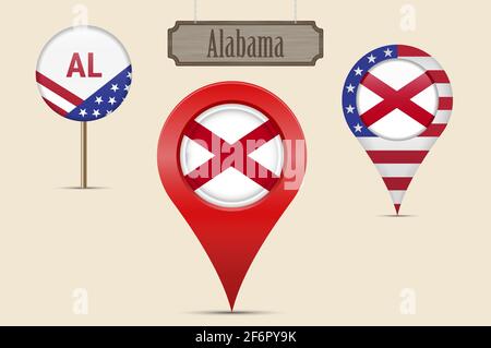 Alabama Rundflagge des US-Bundesstaates. Kartenstift, rote Kartenmarkierung, Positionszeiger. Hängendes Holzschild im Vintage-Stil. Illustration. Amerikanische Sterne und Streifen f Stockfoto