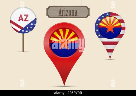 Arizona US-Bundesstaat Rundflagge. Kartenstift, rote Kartenmarkierung, Positionszeiger. Hängendes Holzschild im Vintage-Stil. Illustration. Amerikanische Sterne und Streifen f Stockfoto