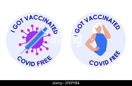 Eine Sammlung verschiedener Impfstempel oder Aufkleber. Ich wurde geimpft. Das Mädchen zeigt den Verband der Impfung. Die Spritze schützt vor Stock Vektor