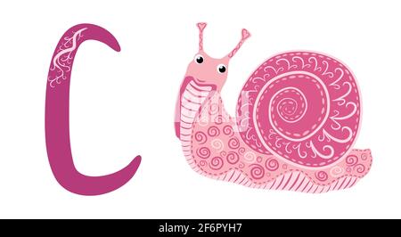 Buchstabe C Kleinbuchstaben niedliche Kinder bunten Zoo und Tiere ABC alphabet Tracing Flashcard von bunten Cochlea für Kinder, die Englisch lernen Wortschatz und Stock Vektor