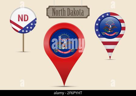 North Dakota, Rundflagge des US-Bundesstaates. Kartenstift, rote Kartenmarkierung, Positionszeiger. Hängendes Holzschild im Vintage-Stil. Illustration. Amerikanische Stars und Stri Stockfoto