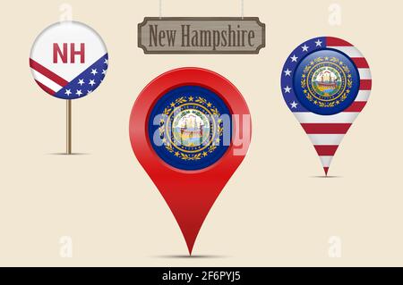 Rundflagge des US-Bundesstaates New Hampshire. Kartenstift, rote Kartenmarkierung, Positionszeiger. Hängendes Holzschild im Vintage-Stil. Illustration. Amerikanische Stars und Strs Stockfoto