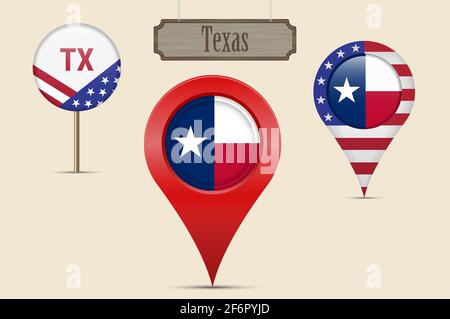 Texas US-Bundesstaat Rundflagge. Kartenstift, rote Kartenmarkierung, Positionszeiger. Hängendes Holzschild im Vintage-Stil. Illustration. Amerikanische Sterne und Streifen Fla Stockfoto