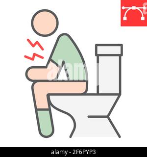 Diarrhöe Farbe Linie Symbol, covid-19 und Verstopfung, Mann sitzt auf Toilette Vektor-Symbol, Vektorgrafiken, editierbare Schlaganfall gefüllt Umrisszeichen, eps 10. Stock Vektor