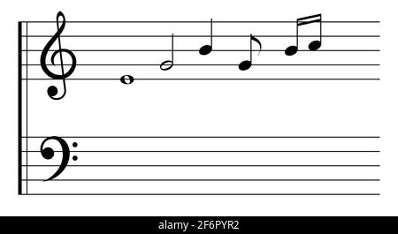 Vorlage für Musikpersonal. Höhen- und Bassschlüssel auf fünfzeiligen Notensystem. Illustration isoliert auf Weiß. Stockfoto