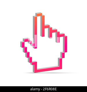 Handcursor Pixel 3D. Handpfeil verpixelt Cursor. Zeigefinger, Zeigefinger-Cursor. Abbildung isoliert auf weiß. Stockfoto