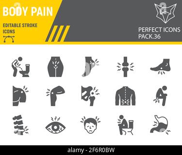 Body Pain Glyph Icon Set, Body Ache Collection, Vektorgrafiken, Logo-Illustrationen, Body Pain Vector Icons, Krankheitszeichen, solide Piktogramme, editierbar Stock Vektor