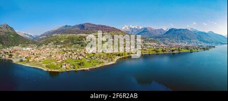 Comer See (IT), Panorama-Luftaufnahme von Dongo und benachbarten Städten Stockfoto