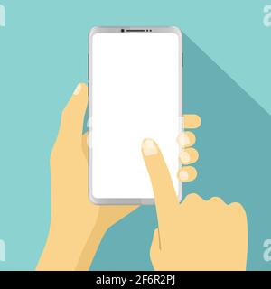 Hand hält Smartphone und Finger berühren mit leeren weißen Bildschirm. vektor-Illustration Stock Vektor