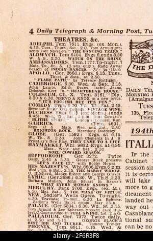 Einträge für die Londoner West End-Theater im Daily Telegraph (Replik), 18. Mai 1943, am Tag nach dem Razzia der Dam Busters. Stockfoto