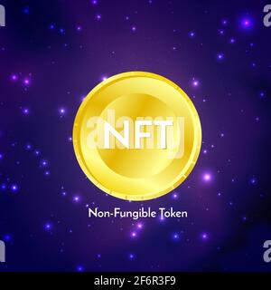 Goldene Münze mit nft nicht fungible Token Text auf futuristischem neon purpurem Hintergrund, Kryptowährung Banner. Stock Vektor