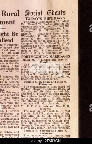 Kolumne zu sozialen Veranstaltungen mit Geburtstagen und bevorstehenden Hochzeiten im Daily Telegraph (Replik), 18. Mai '43, am Tag nach der Razzia von Dam Busters. Stockfoto