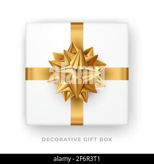 Dekorative weiße Geschenkbox mit goldener Schleife und Band isoliert auf weißem Hintergrund. Draufsicht. Vektor Stock Vektor