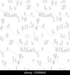 Skandinavischer Wald Nahtloses handgezeichnetes Muster. Nordische monochrome Vektorgrafik Stock Vektor