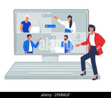 Team-Videokonferenz oder Online-Meeting-Konzept mit Geschäftsleuten. Videokonferenz oder virtuelle Schulung, Online-Geschäftskonferenz, Flat Vector Stock Vektor