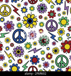 Nahtloses Vektor-Muster mit Blumen und Frieden Symbol. Stoffdesign der 70er, 60er Jahre. Bunte Vintage-Tapete. Stock Vektor