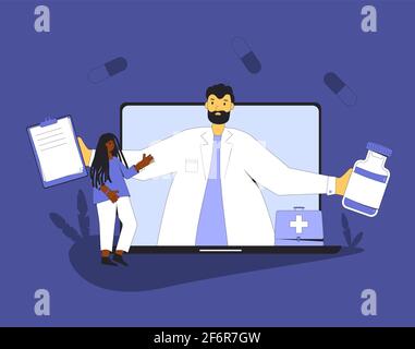 Online-medizinische Beratung. Telemedizin. Arzt, Fernberatung. Gesundheitsversorgung über das Internet. Gesundheitsdienstleistungen. Vektorgrafik flach. Stock Vektor
