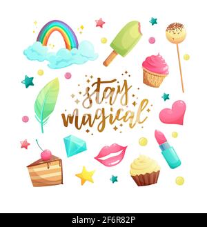 Niedliche Mädchenelemente im flachen Stil mit handschriftlichem Text bleiben magisch. Cartoon-Vektorgrafik. Stock Vektor