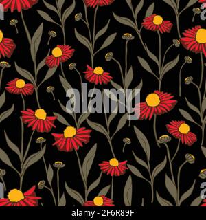 Nahtloses Vektor-Muster mit roten Blumen auf schwarzem Hintergrund. Florales Tapetenmuster mit Gänseblümchen. Vintage Mode Textil. Stock Vektor