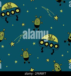 Nahtloses Vektor-Muster mit handgezeichneten Aliens auf blauem Hintergrund. Cute UFO Tapete Design für Kinder. Cartoon Raum Mode Textil. Stock Vektor