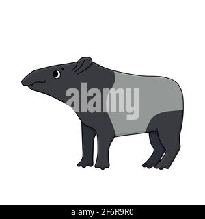 Vektor niedlich Kontur Doodle Cartoon Malayisch oder asiatische Tapir. Isolierte handgezeichnete Illustration auf weißem Hintergrund, Seitenansicht. Tapir schaut nach links. Stock Vektor