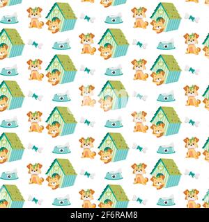 Nahtloses Muster mit Hund, hundehütte, Knochen Stock Vektor