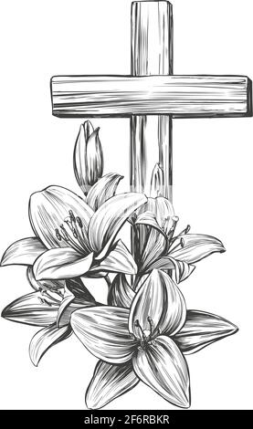 Frohe ostern, Holzkreuz und floral blühende Lilien, Ostern. Symbol des Christentums handgezeichnete Vektor-Illustration Skizze. Stock Vektor