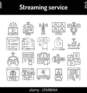 Symbole für Streaming-Service-Line eingestellt. Isoliertes Vektorelement. Skizzieren Piktogramme für Webseite, mobile App, Promo. Bearbeitbare Kontur. Stock Vektor