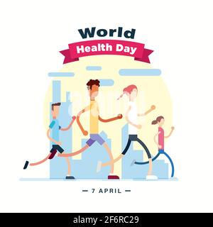 Plakat zum Weltgesundheitstag 7. April, Menschen laufen und joggen, Vektorbanner zur Illustration des morgendlichen Spaziergangs Stock Vektor