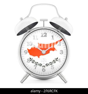 Wecker mit Flagge von Zypern, 3D-Rendering isoliert auf weißem Hintergrund Stockfoto