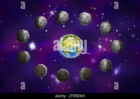 Vollständiger Zyklus des hellen Mondes mit der Erde im tiefen Weltraum Stock Vektor