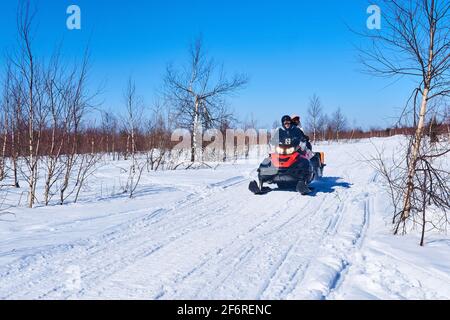 Russland, Region Perm - 28. März 2021: Die Menschen fahren auf einer Winterstraße zwischen einer Birkenwald-Tundra mit einem Schneemobil Stockfoto