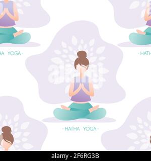 Nahtloses Muster mit Frau in Lotuspose sitzend, Hintergrund mit Fitness Weiblicher Charakter in Yoga-Position, trendige Stil Vektor-Illustration Stock Vektor