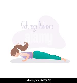 Mädchen tun Yoga Pose, Low Plank Pose oder Chaturanga Dandasana Asana in Hatha Yoga, Fitness weibliche Charakter, Vektor-Illustration im trendigen Stil Stock Vektor