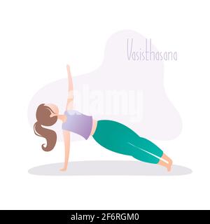 Mädchen, die Yoga-Pose, Seitenplankenpose oder Vasisthasana Asana in hatha Yoga, Vektor-Illustration im trendigen Stil Stock Vektor