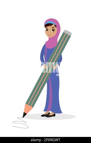 Happy arabisch Schulmädchen mit großen Bleistift, niedlich muslimische weibliche Charakter in Traditionelle Kleidung, isoliert auf weißem Hintergrund, flache Vektorgrafik Stock Vektor
