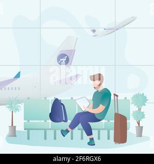 Mann wartet auf Abfahrt am Flughafen, männlicher Charakter mit Gadget und Gepäck, Flugzeug auf dem Hintergrund, Vektor-Illustration im trendigen Stil Stock Vektor