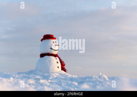 Lustige Schneemann in stilvollen roten Hut und roten Skalf auf schneebedeckten Feld. Frohe Weihnachten und ein glückliches neues Jahr Stockfoto