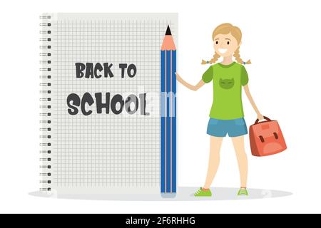 Glücklich kaukasischen Kind Schulmädchen mit großen Bleistift und Schultasche, Notebook Seite mit Text-zurück zur Schule, flache Vektor-Illustration Stock Vektor