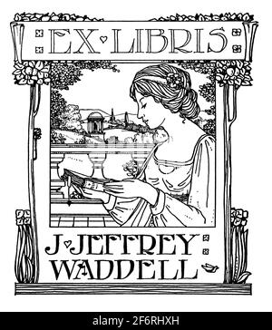 Persönliches Exlibris, auf dem Frauen in klassischer Landschaft für Schottische lesen Architekt John Jeffrey Waddell vom 1903 Studio Magazine of Fine Und Appl Stockfoto