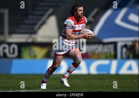 St. Helens, Großbritannien. April 2021. Tyrone McCarthy (21) von Leigh Centurions während des Spiels in St. Helens, Großbritannien am 4/2/2021. (Foto von Richard Long/News Images/Sipa USA) Quelle: SIPA USA/Alamy Live News Stockfoto