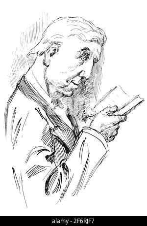 Ein Cartoon-Porträt von Charles Lutwidge Dodgson (1832-1898), besser bekannt unter seinem Pseudonym Lewis Carroll, einem englischen Autor von Kinderromanen, insbesondere Alice's Adventures in Wonderland und dessen Fortsetzung Through the Looking-Glass. Er wurde für seine Einrichtung mit Wortspiel, Logik und Fantasie bekannt. Die Gedichte 'Jabberwocky' und die Jagd auf den Snark sind in das Genre des literarischen Unsinns eingeordnet. Er war auch Mathematiker, Fotograf, Erfinder und anglikanischer Diakon.