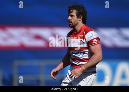 St. Helens, Großbritannien. April 2021. Tyrone McCarthy (21) von Leigh Centurions während des Spiels in St. Helens, Großbritannien am 4/2/2021. (Foto von Richard Long/News Images/Sipa USA) Quelle: SIPA USA/Alamy Live News Stockfoto